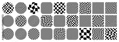 Groovy checkered pattern, colorful tiled grid. Vintage wavy curved backdrop, distortion effect. Funky geometric chessboard texture, retro background in 90s style, y2k. Vector illustration