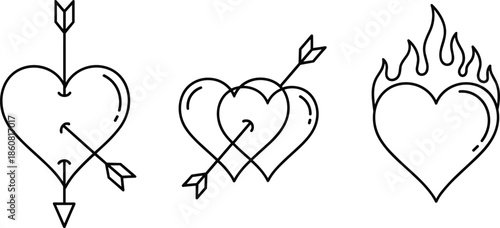 Romantic couple silhouettes kissing with pink winged hearts, layered red heart icon, and black line art heart tattoo set, Valentines Day,