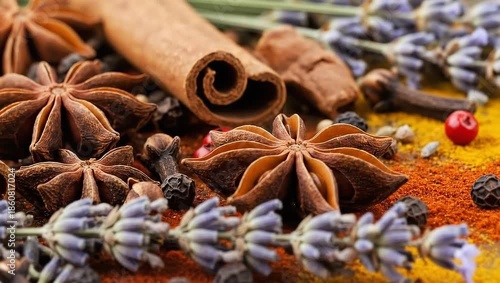 Close up of spices and herbs with star anise and cinnamon sticks