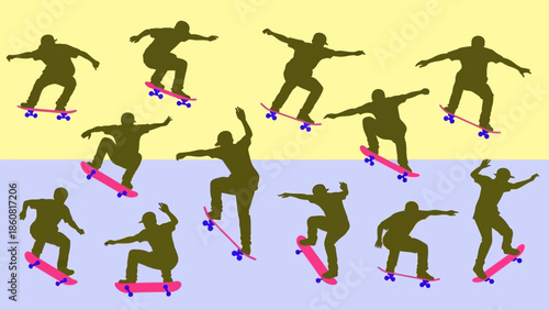 Silhouettes of skateboarders performing tricks on skateboards.