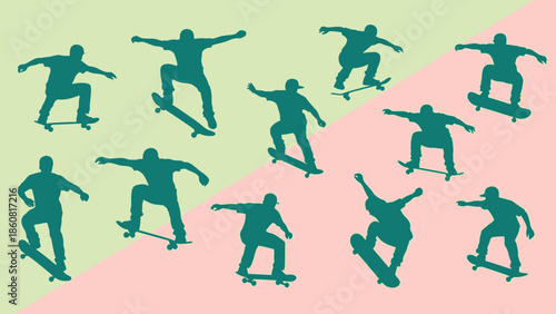 Silhouettes of skateboarders performing tricks on pastel background.