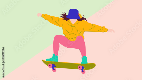 Young woman performing skateboarding trick with stylish clothing.