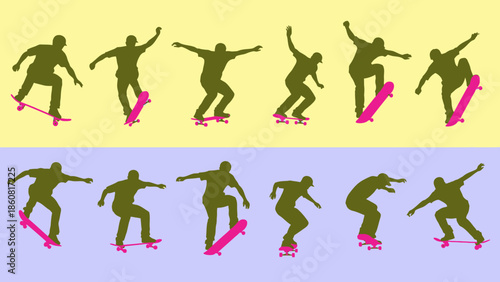Silhouette of skateboarder performing tricks in various dynamic poses.