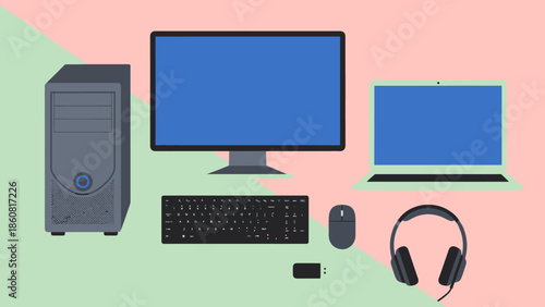 Computer setup with desktop tower monitor keyboard mouse laptop and headphones on pastel background.