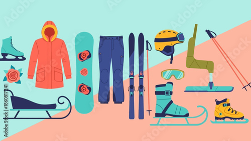 Collection of Winter Sports Equipment and Clothing.