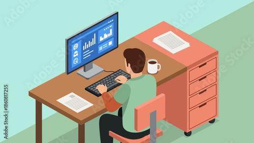 Man working on computer at office desk with papers and coffee.