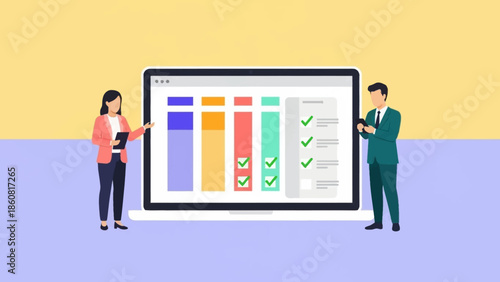 Business professionals analyzing data on a large screen display.