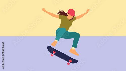 Young woman performing skateboarding trick with arms outstretched.