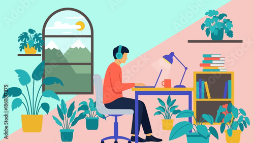 Man working on laptop surrounded by plants in a serene office environment.