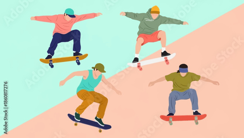 Four skateboarders performing tricks in mid-air against a split background.