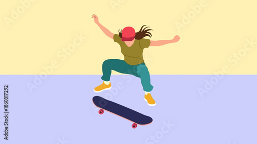 Young woman performing skateboarding trick with arms outstretched.