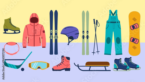 Assorted winter sports equipment and clothing laid out.