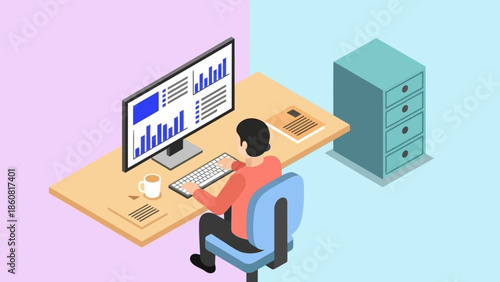 Man working on computer analyzing data and graphs on a large screen.