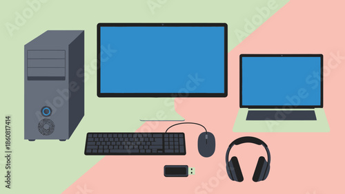 Computer setup with desktop tower monitor keyboard mouse laptop and headphones.