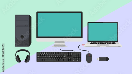 Computer peripherals and accessories arranged on a pastel background.