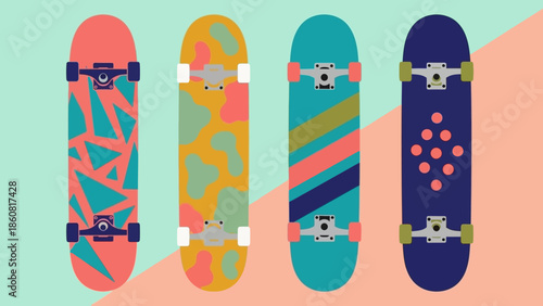Colorful skateboards with unique designs and patterns.