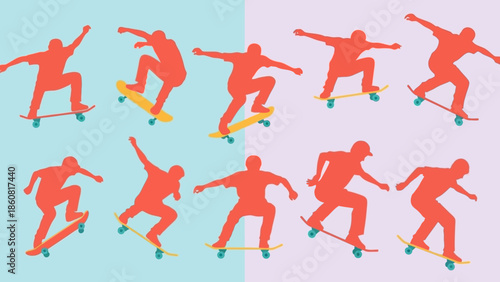 Dynamic Silhouettes of Skateboarders in Action on Pastel Backgrounds.