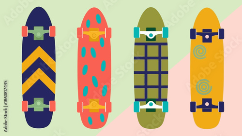 Colorful skateboards with unique designs and patterns.