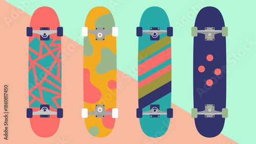 Colorful skateboards with unique designs and patterns on pastel background.