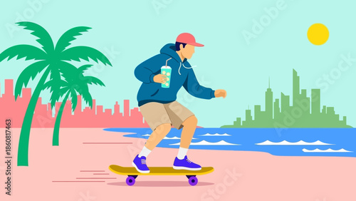 Man skateboarding on a beach with city skyline in the background.