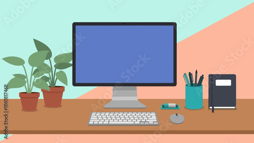 Modern office desk setup with computer and office supplies.