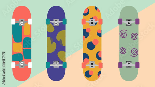 Colorful skateboards with unique patterns and designs.