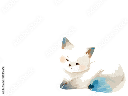 Uroczy lis polarny w akwarelowej ilustracji, leżący spokojnie na przezroczystym tle, idealny do projektów dziecięcych.