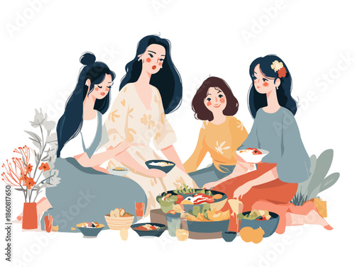 Cztery azjatyckie kobiety w tradycyjnych strojach cieszące się wspólnym posiłkiem z gorącym garnkiem i dekoracjami kwiatowymi na białym tle.