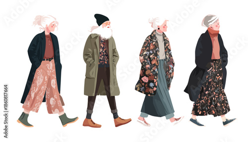 Stylizowana ilustracja przedstawiająca starsze osoby w modnych, warstwowych strojach, spacerujące z elegancją na przezroczystym tle.