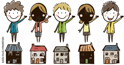 Ilustracja przedstawiająca różnorodną grupę ludzi machających nad swoimi domami, symbolizująca jedność i wspólnotę sąsiedzką.