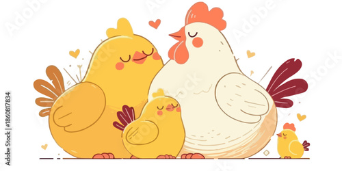 Urocza ilustracja rodziny kurczaków: kogut, kura i pisklęta, otoczone sercami, symbolizujące miłość, rodzinę i macierzyństwo na przezroczystym tle.