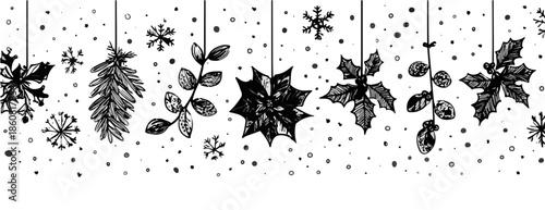 Przezroczysta, ręcznie rysowana czarno-biała granica z zimowymi i świątecznymi ozdobami, takimi jak płatki śniegu, gałązki i ostrokrzew, idealna do projektów.