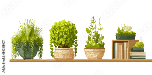 Ilustracja różnych roślin doniczkowych i książek na drewnianej półce, idealna do wystroju wnętrz i dodania zieleni do przestrzeni.