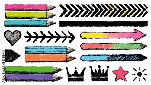 Kolekcja przezroczystych, ręcznie rysowanych elementów graficznych z kolorowymi kredkami, strzałkami, sercami i koronami, idealna do kreatywnych projektów.
