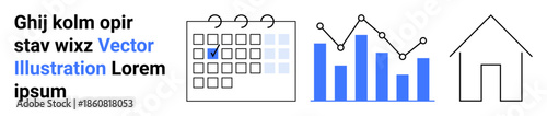 Planning, data analysis, real estate, scheduling, business growth, market trends. Calendar checkbox, bar chart with line graph house outline. Planning and data analysis concept