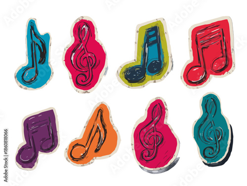 Zestaw ręcznie rysowanych, kolorowych nut muzycznych i kluczy wiolinowych w stylu kreskówkowym, idealny do projektów związanych z muzyką i kreatywnością.