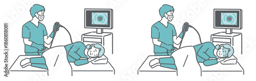 大腸カメラ検査の比較イラスト（高齢女性・鎮静剤あり・なし／無痛・苦痛）