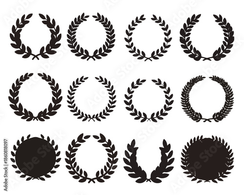 Zestaw czarnych, stylizowanych wieńców laurowych i okrągłych ramek, symbolizujących zwycięstwo, sukces oraz elegancję, idealnych do projektowania graficznego.