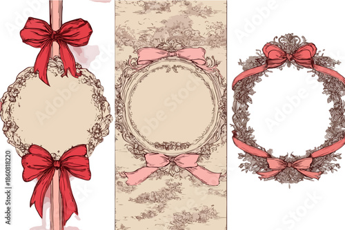 Zestaw przezroczystych, ręcznie rysowanych ramek w stylu vintage z ozdobnymi kokardami, idealny do zaproszeń i dekoracji.