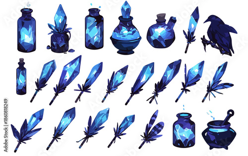Ilustracja akwarelowa przedstawiająca magiczny zestaw przezroczystych, świecących kryształów, butelek z eliksirami, piór i kruka w odcieniach błękitu.
