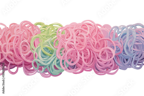 투명하고 부드러운 파스텔톤 고무줄과 머리끈이 엉켜 다채로운 색상의 뭉치를 이루며 흰 배경 위에서 복잡하면서도 시각적으로 흥미로운 추상적 패턴을 연출합니다.
