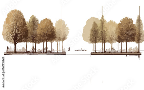 투명한 흰색 배경 위에 갈색 톤으로 섬세하게 그려진 건축 조경 입면도로, 도시 공원의 나무와 녹지 공간을 미니멀하고 추상적으로 표현한 환경 디자인 개념 일러스트레이션.