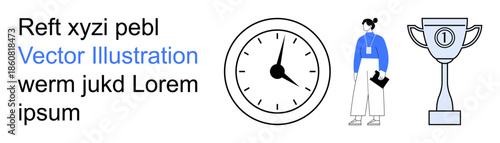 Time management, work efficiency, career success, competition, business planning, achievement motivation. A clock, a businessperson holding papers and a trophy. Time management and career success