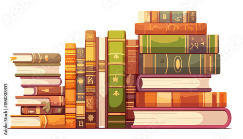 다양한 크기와 색상의 오래된 책들이 흰색 배경에 쌓여 있거나 나란히 정렬되어 있으며, 독서, 지식, 교육, 학습의 풍부함을 상징하는 일러스트레이션입니다.