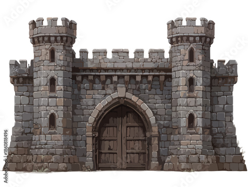 견고한 돌로 지어진 중세 시대의 성문과 양쪽에 우뚝 솟은 두 개의 감시탑이 돋보이는 투명한 배경의 그래픽 요소.