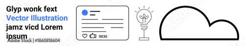 Digital media, social networking, creativity, technology, cloud storage, thought processes. A post layout, a light bulb icon and a cloud outline. Social media and creativity concepts