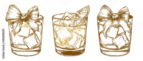 수제 스케치 스타일의 얼음 든 칵테일 세 잔으로, 두 잔은 선물 리본으로 장식되어 축하 분위기를 연출합니다.
