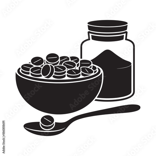 Black and white illustration of coffee beans a jar and a spoon