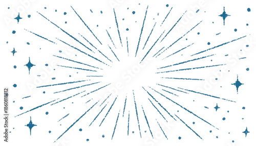 투명한 배경에 파란색 손그림 별폭발과 반짝이는 광선이 퍼져나가는 추상적인 디자인 요소로, 축하와 에너지를 표현하는 그래픽 일러스트입니다.