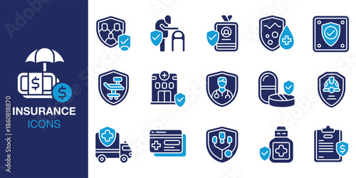 Insurance Icon set. Containing protection, risk, accident, health, life, travel and more. Solid vector icons collection. Vector illustration.